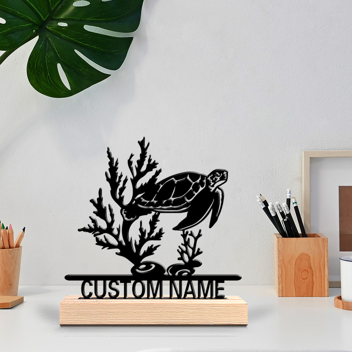 Art Craft Table - รูปปั้นเต่าทะเลนามธรรม 1 ชิ้น งานศิลปะโลหะประดับตกแต่ง พร้อมฐานไม้ รูปปั้นเหล็กพร้อมฐานไม้